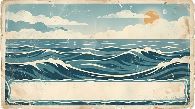 Vintage illustration of a seascape with a sun and clouds over choppy ocean waves a decorative label a blank ornate label is positioned at the bottom for custom