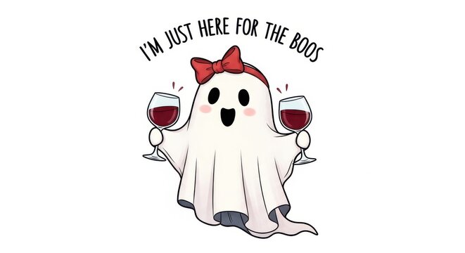 cute ghost holding wine glasses for halloween party celebration vector illustration