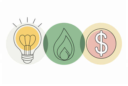 Lightbulb, flame, and dollar sign icon for utility bill, energy crisis, and cost concept. Outline flat vector illustration