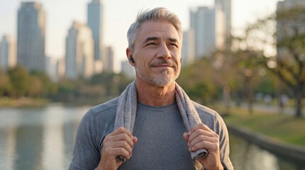Senior man doing sport activity in city park. Sporty middle aged 50s male with gray hair having morning training routine. Outdoor workout for fitness and wellbeing. Healthy lifestyle in older age.  . © nyul