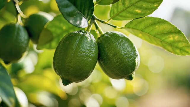 Closeup of unripe green limes growing on a tree branch with lush green leaves.