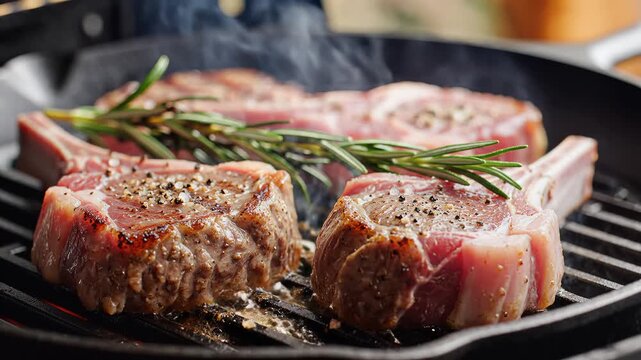 Juicy Lamb Chops Sizzling on a Cast Iron Grill Pan with Rosemary.