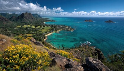 Obraz premium Aerial view of the tropical coastline with turquoise ocean waters and lush green mountains under a bright blue sky with white clouds on a sunny day in a coastal region