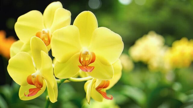 Closeup of Vibrant Yellow Orchids Blooming in a Garden.
