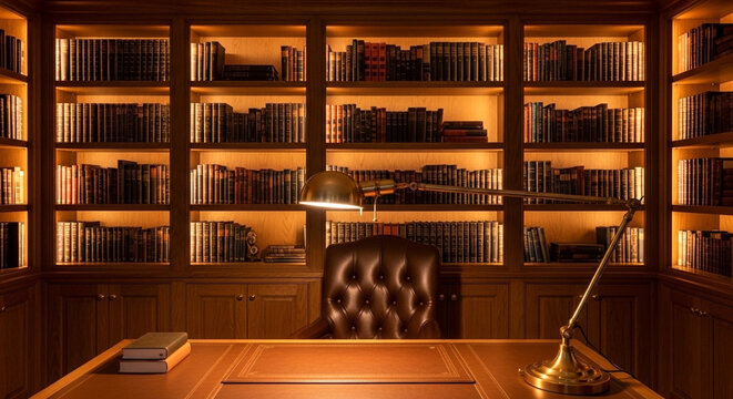A luxurious library with floortoceiling bookshelves filled with antique books, a leather executive chair, and a brass desk lamp