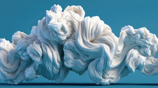 Abstract flowing mass of white fibrous material suspended against a vivid blue background