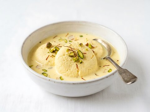 Delicious ras malai dessert in a bowl with a spoon