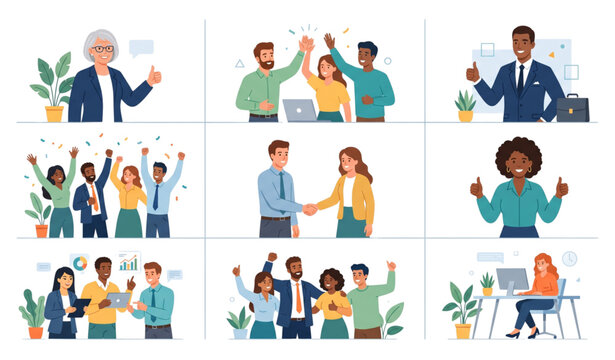 Happy business people vector set with senior businesswoman businessman and diverse employee team in positive poses for corporate and HR design isolated on white background
