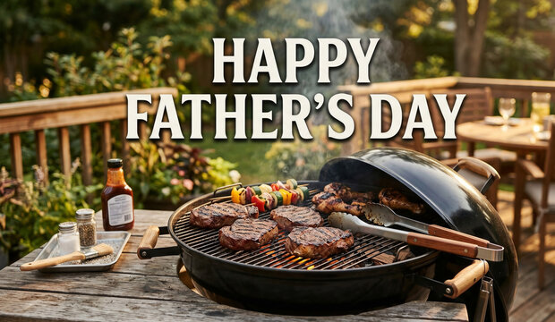 Happy Father's Day text over outdoor backyard barbecue grill with steaks and chicken.