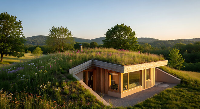 Earth-sheltered house integrates modern wooden architecture with a lush green grass roof, nestled into a rolling hillside landscape during the golden hour to promote sustainable and eco-friendly.