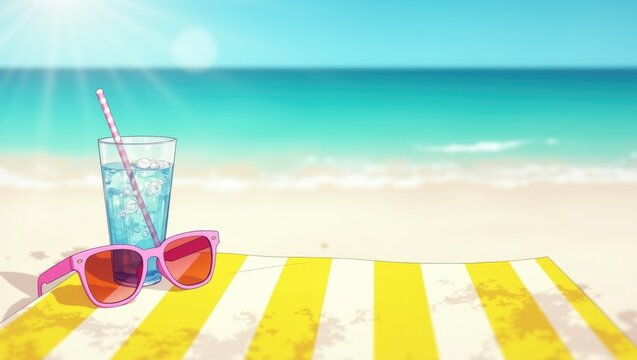 Summer Beach Background in Anime Style: Cold Soda Drink with Straw, Pink Sunglasses and Yellow Striped Towel on Sand with Copy Space