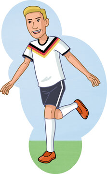 Fu&szlig;ballspieler laufend mit ausgebreiteten Armen vor blauem Hintergrund, Deutschland