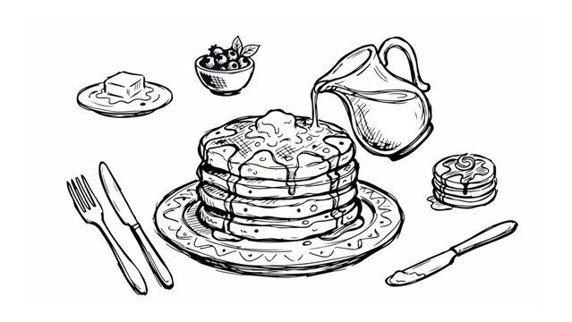Delicious breakfast food icon set featuring hand-drawn pancake stack with syrup, butter, and berries, a detailed doodle sketch vector illustration