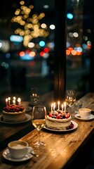 Fototapeta premium Birthday cakes with lit candles and fresh berries on rustic wooden table in cozy cafe at night with bokeh city lights.