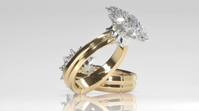 Rotation of gold flower-shaped rings with marquise and round diamonds on white background. Sunflower design ring. 3d animation loop