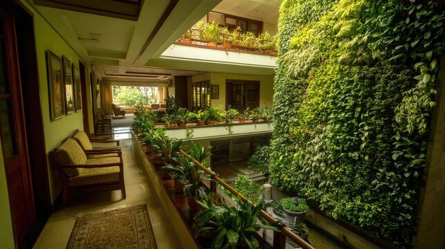 Interior space features a multi-level design incorporating abundant natural foliage and seating arrangements