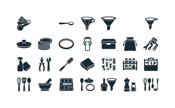 Spice set accessories like spoons funnels lids tools and maintenance items used for filling and organizing spice containers clean