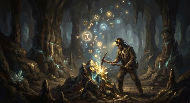Thought miner extracting glowing ideas underground representing creativity innovation and deep thinking conceptual profession in surreal painterly style