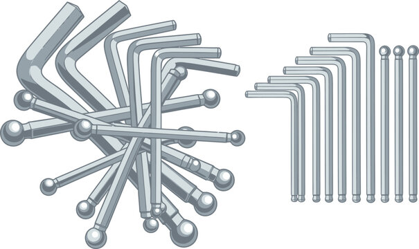 Set of silver hex keys or allen wrenches for assembly and mechanical work with hex key allen wrench tool set hand tool white background l shaped ball end home improvement mechanic