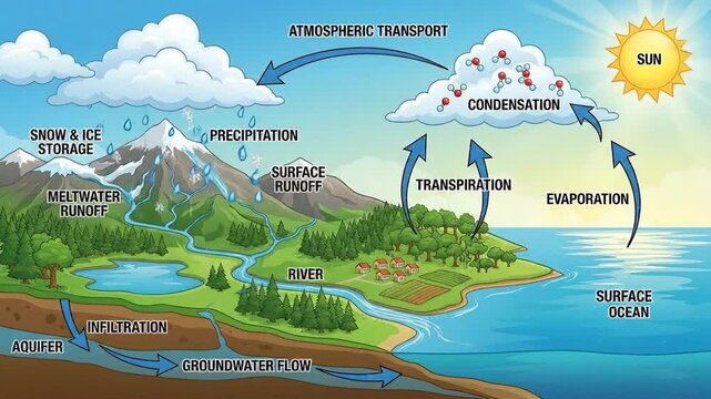 Water cycle, depicting earth's hydrologic process, water evaporation, cloud condensation, atmospheric precipitation, surface runoff, groundwater infiltration.