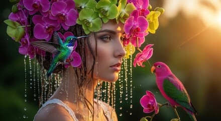 Obraz premium Floral Beauty and Serenity: An ethereal portrait of a person adorned with vibrant floral headpiece, intertwined with a hummingbird and a parrot, set against a backdrop of tranquil natural beauty.