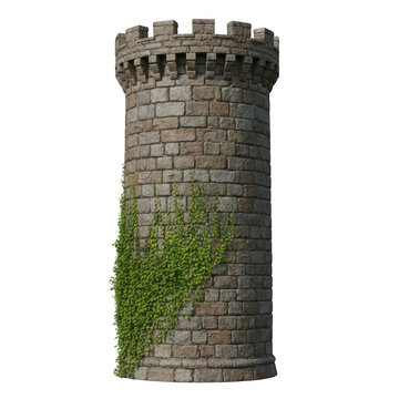 Medieval stone castle tower with climbing ivy isolated on a transparent background