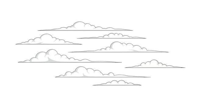 A captivating collection of stylized cartoon clouds, perfect for adding a whimsical touch to any digital design or creative project with a lighthearted atmosphere