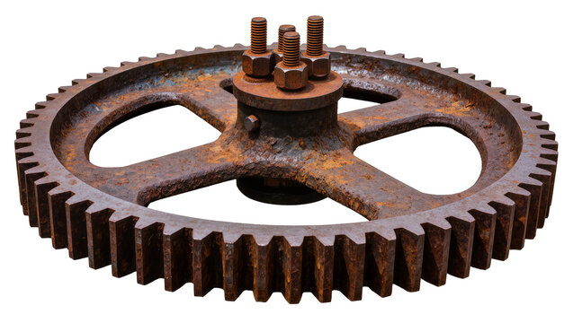 Rusty metal cogwheel with bolts and nuts, isolated on transparent background