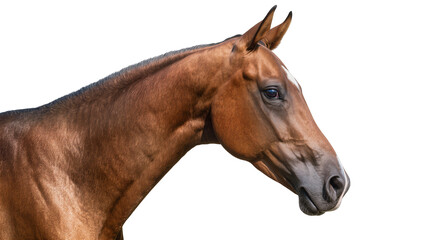 Brown horse head and neck isolated on transparent background, showing detailed mane and facial features © Ryan