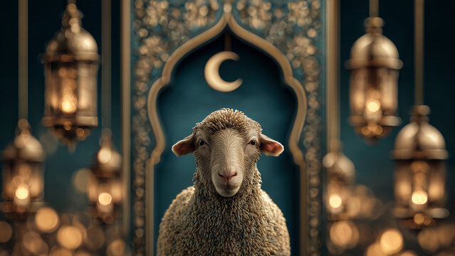 Sacred Lamb: A serene lamb is centered against an ornate, culturally rich backdrop adorned with lanterns and a crescent moon, evoking a sense of reverence and tradition.