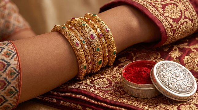 Traditional gold bangles and red vermilion powder for Indian festivals