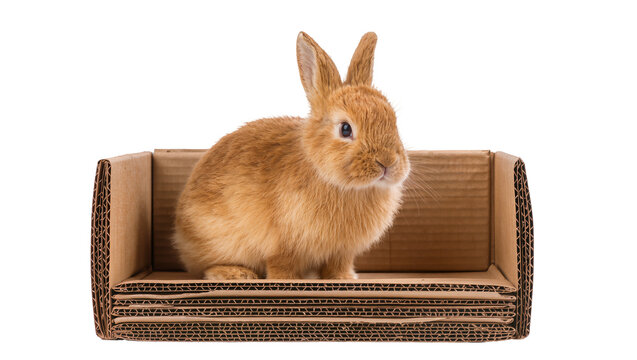 Fluffy brown rabbit sitting inside a cardboard box, isolated on transparent background