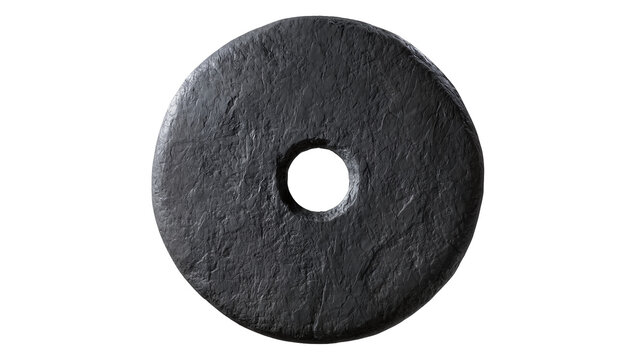 Rough textured dark gray stone donut shape with central hole, isolated on transparent background
