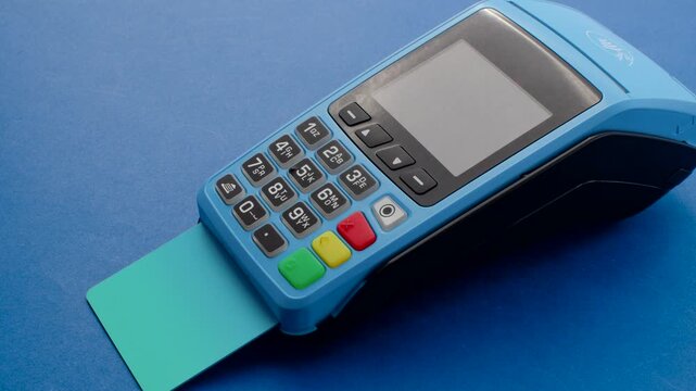 lue card machine with smooth surface, standing out with elegance and modernity. On a smooth surface, the blue card machine stands out, promoting practicality and style.
