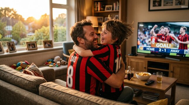 Pai e filho torcedores comemorando gol juntos em casa .