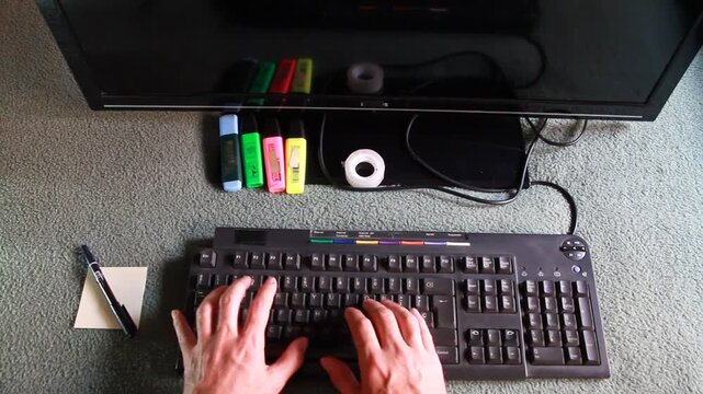 Teclado de ordenador type keyboard con trabajador escribiendo pc personal computer teletrabajando y nota en post it reuni&oacute;n meeting con bol&iacute;grafo y con teclas redacci&oacute;n correo electr&oacute;nico