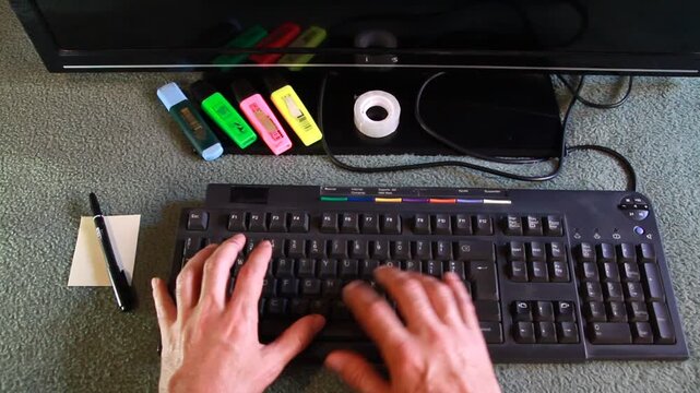 Aut&oacute;nomo trabajando telework a distancia desde casa en ordenador tecleando y escribiendo nota post it con reuni&oacute;n de teletrabajo freelance en keyboard pc computer