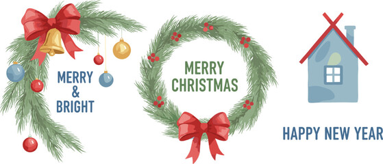 Vector illustration of Christmas garland, wreath, and New Year house with greetings representing holiday celebration and festive design © Sheikh
