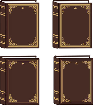 Vector illustration of ornate brown books with gold decorative borders arranged in grid representing literature, knowledge, and classic design