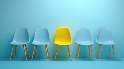 Obraz premium Row of four light blue chairs and one bright yellow chair standing against a solid pastel blue wall in a minimalist studio setting with soft lighting and clean composition