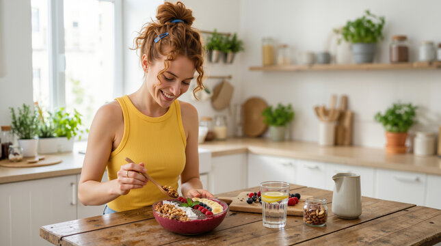 Cheerful woman preparing a healthy breakfast bowl in a bright kitchen. Red haired female adding nuts to smoothie bowl. Copy space for text