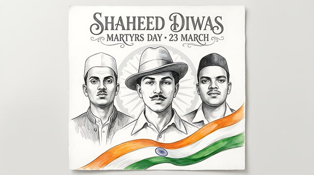 Pencil of three indian martyrs with a waving tricolor flag at the bottom for shaheed diwas memorial march