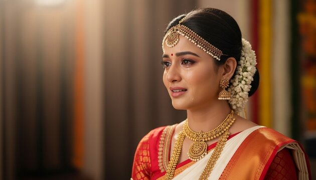 Portrait of a beautiful indian woman in traditional bridal attire crying