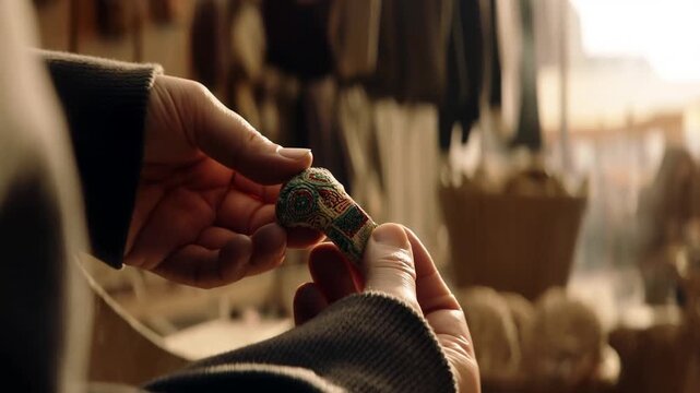 Slow motion handheld close up of hands examining small carved pipe in indoor market stall with warm golden afternoon light