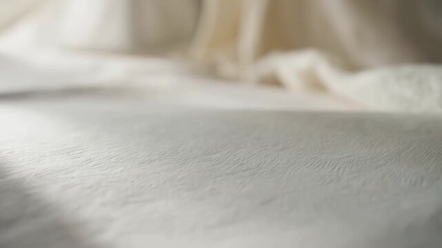Slow pan close up of wrinkled bed sheet texture with soft sunlight in bedroom interior