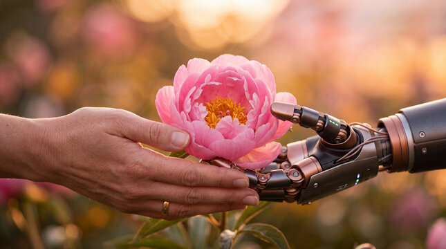 Robot and human hands cradling pink peony, AI care concept