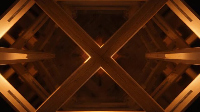 Dramatic wooden beams crossing in X pattern with warm lighting in rustic architectural ceiling structure