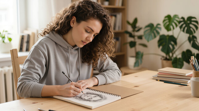Young woman with curly hair drawing a pencil portrait in a home studio. Creative freelance artist working on a commission at a wooden desk