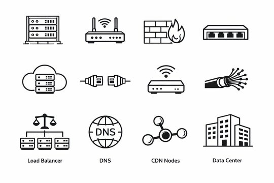 Icons represent different components of network infrastructure found in data centers including load balancers, DNS servers, and CDN nodes