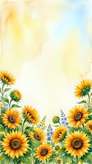 Obraz premium Watercolor sunflower border frame with yellow blooms and green leaves on soft textured background for greeting cards and invitations.